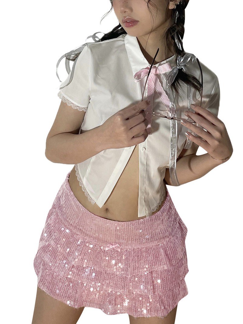 Γυναικεία μίνι φούστα με βολάν για το καλοκαίρι Μόδα ροζ βολάν με στρώσεις Streetwear Ψηλόμεση κοντή φούστα με πούλιες