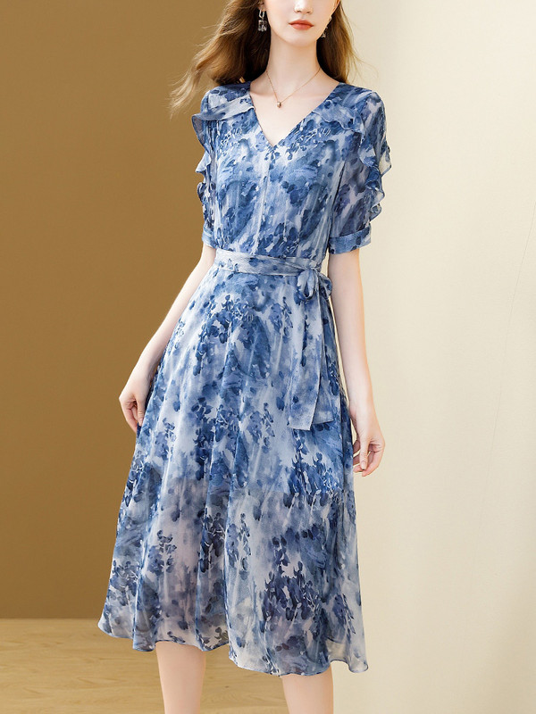 EVNISI Chic naiste lilleprinter Sinine šifoonist kleit V-kaelusega Elegantne kontorikleit A-kujuline kleidid peokleit Slim Vestido naistele suvel