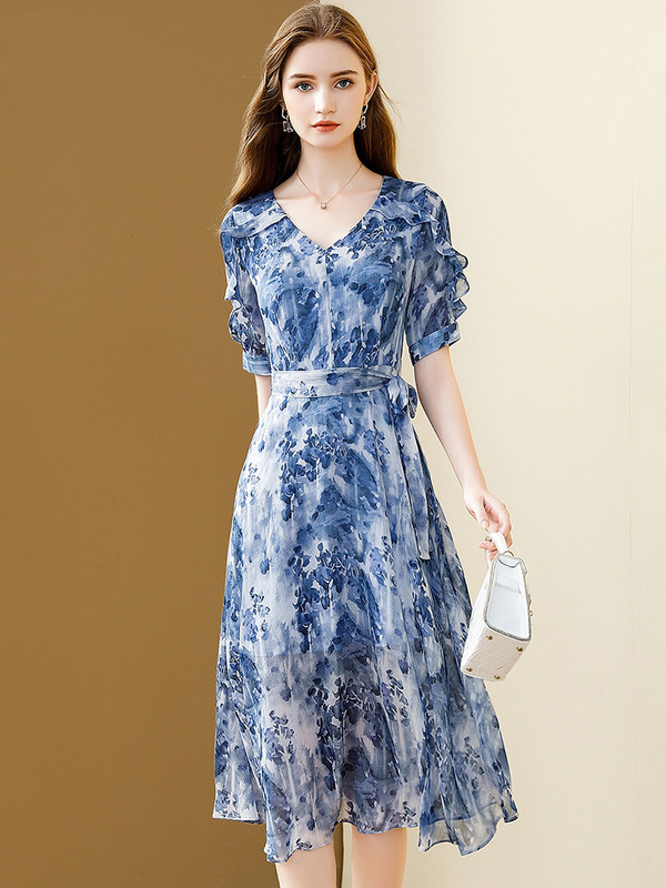 EVNISI Chic naiste lilleprinter Sinine šifoonist kleit V-kaelusega Elegantne kontorikleit A-kujuline kleidid peokleit Slim Vestido naistele suvel