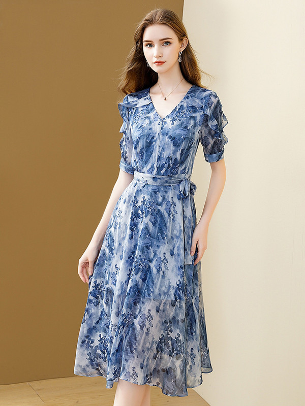 EVNISI Chic naiste lilleprinter Sinine šifoonist kleit V-kaelusega Elegantne kontorikleit A-kujuline kleidid peokleit Slim Vestido naistele suvel