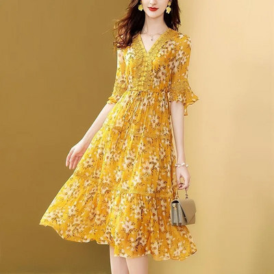 2024 Floral șifon cu mâneci evazate Boho Beach Rochie lungă femei ocazional petrecere rochie de seară de vară elegante șic rochii maxi Rochie