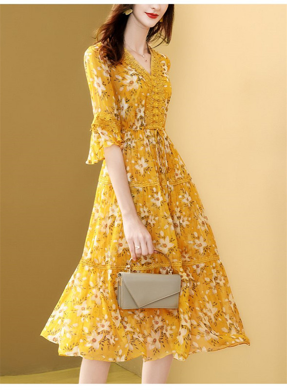 2024 Floral șifon cu mâneci evazate Boho Beach Rochie lungă femei ocazional petrecere rochie de seară de vară elegante șic rochii maxi Rochie