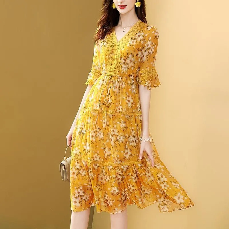 2024 Floral șifon cu mâneci evazate Boho Beach Rochie lungă femei ocazional petrecere rochie de seară de vară elegante șic rochii maxi Rochie