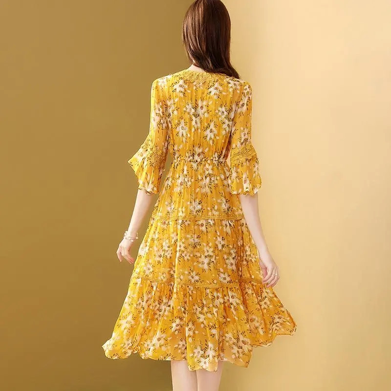 2024 Floral șifon cu mâneci evazate Boho Beach Rochie lungă femei ocazional petrecere rochie de seară de vară elegante șic rochii maxi Rochie