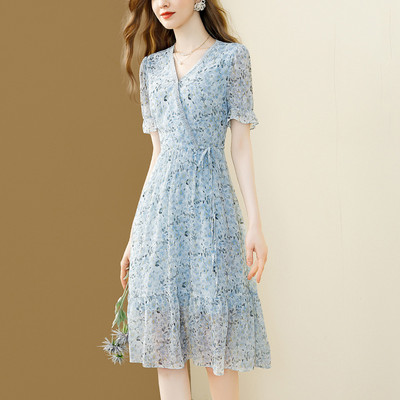 EVNISI Plava, elegantna ženska haljina od šifona s V-izrezom, šik uredske, uske haljine A-kroja, Vestido za zabave, Žensko ljeto 2024.