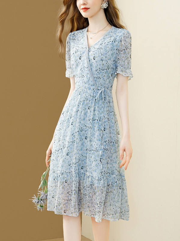 EVNISI Plava, elegantna ženska haljina od šifona s V-izrezom, šik uredske, uske haljine A-kroja, Vestido za zabave, Žensko ljeto 2024.