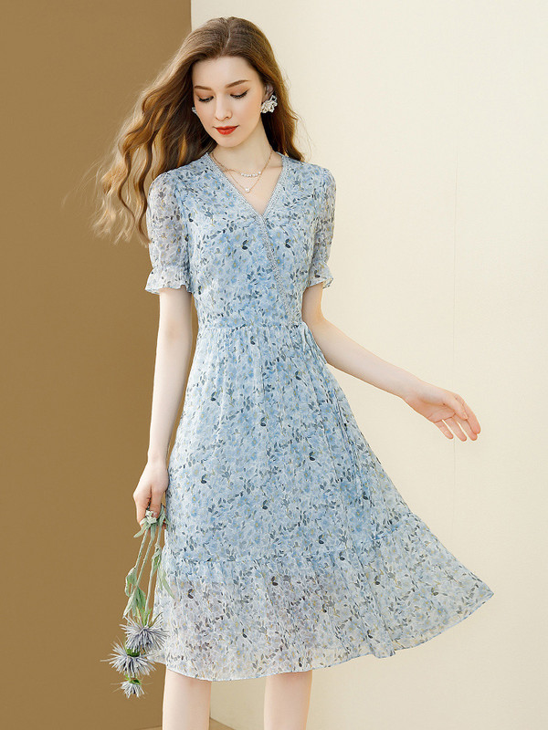 EVNISI Plava, elegantna ženska haljina od šifona s V-izrezom, šik uredske, uske haljine A-kroja, Vestido za zabave, Žensko ljeto 2024.