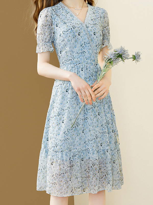 EVNISI Plava, elegantna ženska haljina od šifona s V-izrezom, šik uredske, uske haljine A-kroja, Vestido za zabave, Žensko ljeto 2024.