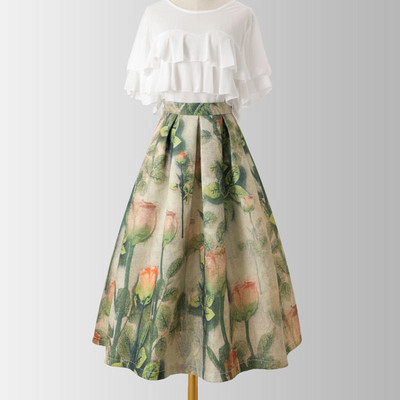 Fusta plisată de culoare cu imprimeu floral mozaic pentru femei, tutu cu talie elastică, lungă, în linie A, pentru toamna 2024 Noutăți doamnelor S35