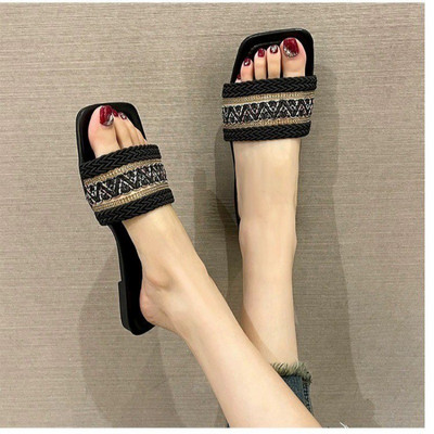 Dimensiune mare One Font Flat National Wind Pregătire Cap Pătrat Plajă Papuci Sandale Pantofi Zapatos De Mujer Pantofi Femei