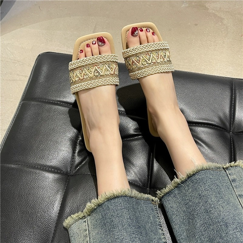 Dimensiune mare One Font Flat National Wind Pregătire Cap Pătrat Plajă Papuci Sandale Pantofi Zapatos De Mujer Pantofi Femei