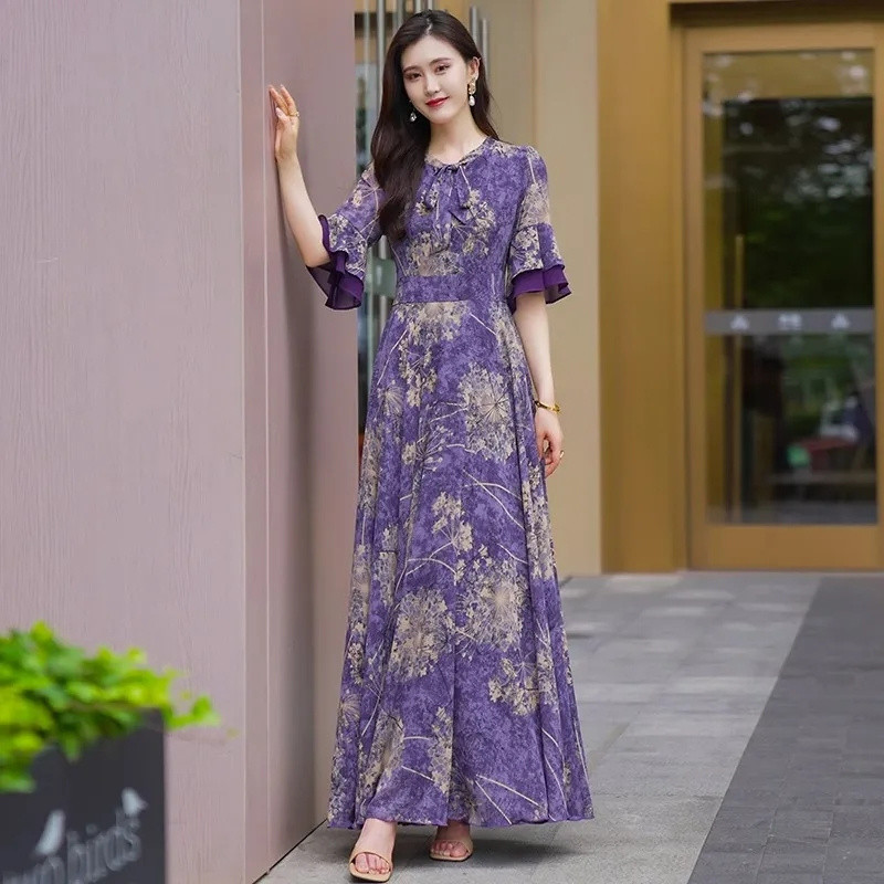 2024. aasta suve naiste elegantsed šifoonist maksikleidid moeprint Lillad kleidid lühikeste varrukatega Bohemia rannapuhkuse A-rea kleidid