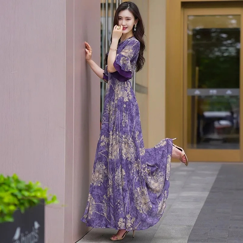 2024. aasta suve naiste elegantsed šifoonist maksikleidid moeprint Lillad kleidid lühikeste varrukatega Bohemia rannapuhkuse A-rea kleidid