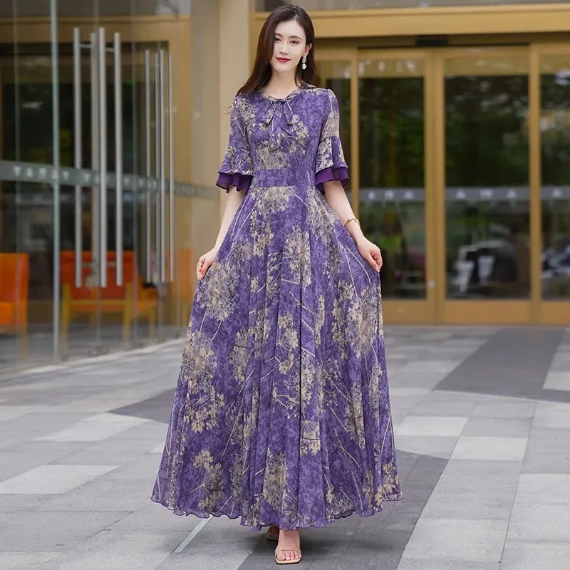 2024. aasta suve naiste elegantsed šifoonist maksikleidid moeprint Lillad kleidid lühikeste varrukatega Bohemia rannapuhkuse A-rea kleidid