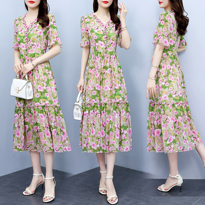 Nyári virágmintás fodros sifon strand maxi ruha női V-nyakú, rövid ujjú, toldott divatos estélyi ruha