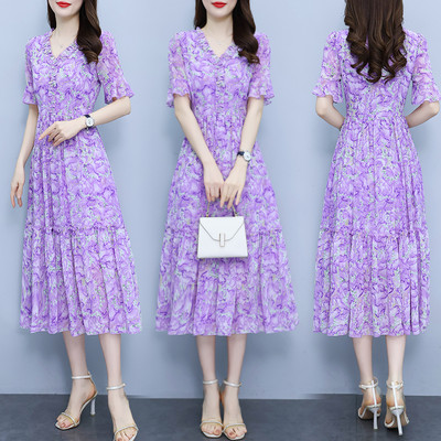 Nyári virágmintás fodros sifon strand maxi ruha női V-nyakú, rövid ujjú, toldott divatos estélyi ruha