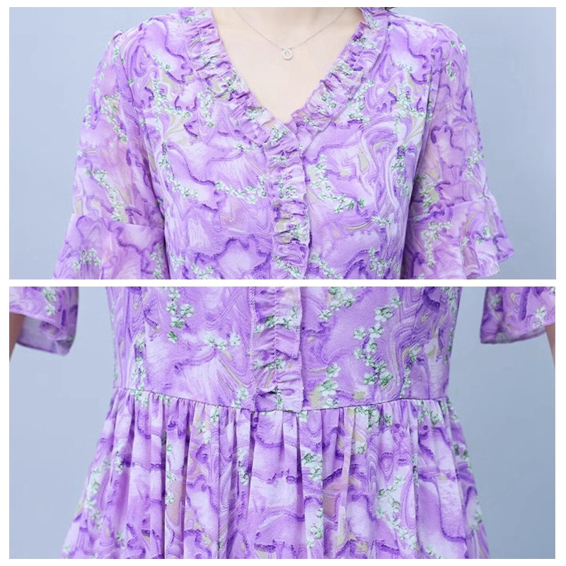 Nyári virágmintás fodros sifon strand maxi ruha női V-nyakú, rövid ujjú, toldott divatos estélyi ruha