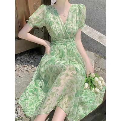 Rochie florală cu mâneci bufante, cu mânecă bufantă, cu dantelă, imprimare la modă, îmbrăcăminte pentru femei, rochie cu mânecă scurtă, vară, 2024