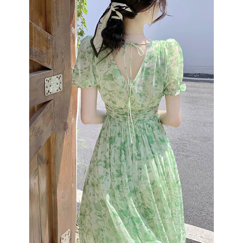 Εκτύπωση μόδας Lace Up Φιόγκος Φόρεμα με λουλουδάτο μανίκι χωρίς πλάτη Γυναικεία ρούχα 2024 Νέο φαρδύ γλυκό κοντομάνικο φόρεμα