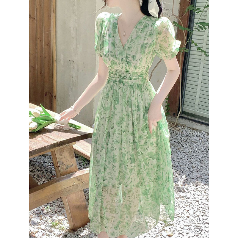 Εκτύπωση μόδας Lace Up Φιόγκος Φόρεμα με λουλουδάτο μανίκι χωρίς πλάτη Γυναικεία ρούχα 2024 Νέο φαρδύ γλυκό κοντομάνικο φόρεμα