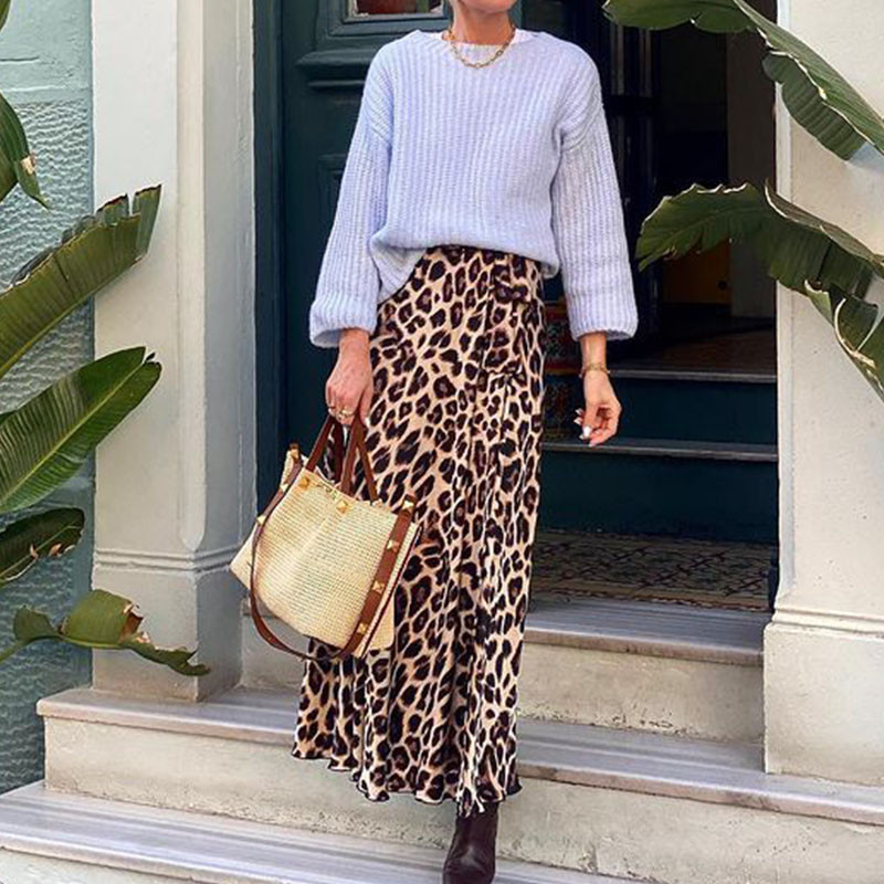 Νέα Summer Leopard Print Λεπτή φούστα σε γραμμή Α Μόδα Streetwear Ψηλόμεση Lace Up Μισό Φούστα Γυναικείο Γυναικείο Swing Party μακριά φούστα