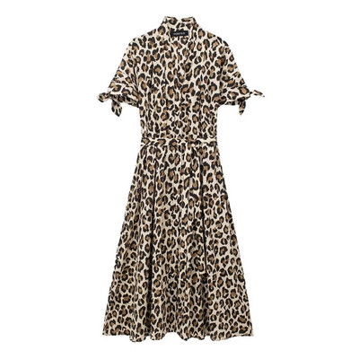 TRAFZA Vintage Leopard Print naiste särkkleit lühikeste varrukatega V-kaelusega stiilne pikk kleit, mood 2024. aasta suvine tänavarõivaste kleit