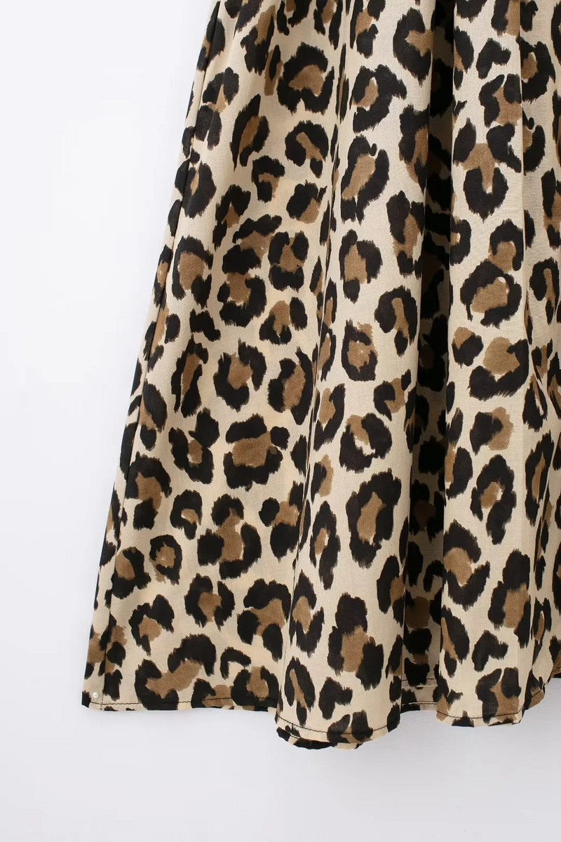 TRAFZA Vintage Leopard Print Γυναικείο φόρεμα με κοντό μανίκι V λαιμόκοψη Κομψό μακρύ φόρεμα μόδα 2024 Καλοκαιρινό φόρεμα streetwear
