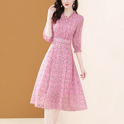 EVNISI Rochii roz din șifon cu flori pentru femei, primăvară și vară 2022, nou temperament, linie A, cu decolteu în V, imprimeu, rochii dulci pentru femei