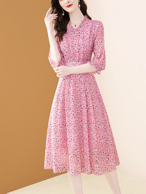 EVNISI Rochii roz din șifon cu flori pentru femei, primăvară și vară 2022, nou temperament, linie A, cu decolteu în V, imprimeu, rochii dulci pentru femei