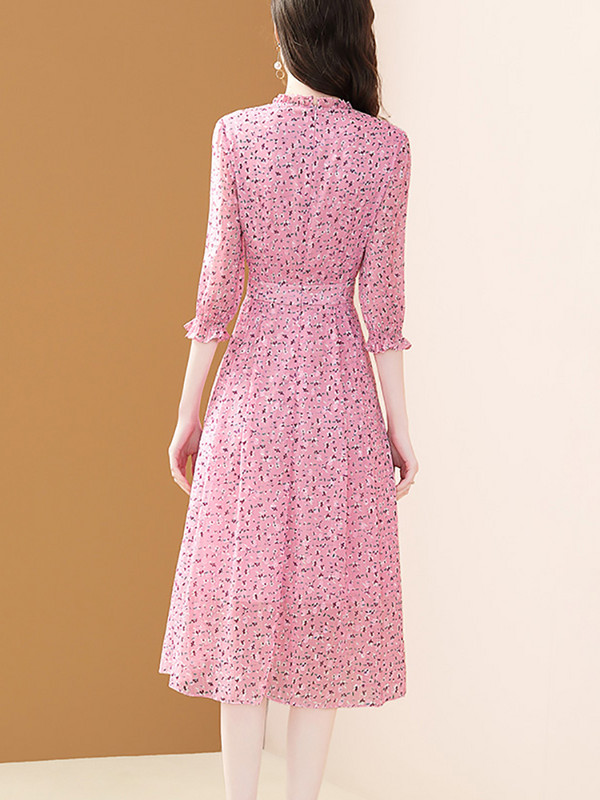 EVNISI Rochii roz din șifon cu flori pentru femei, primăvară și vară 2022, nou temperament, linie A, cu decolteu în V, imprimeu, rochii dulci pentru femei