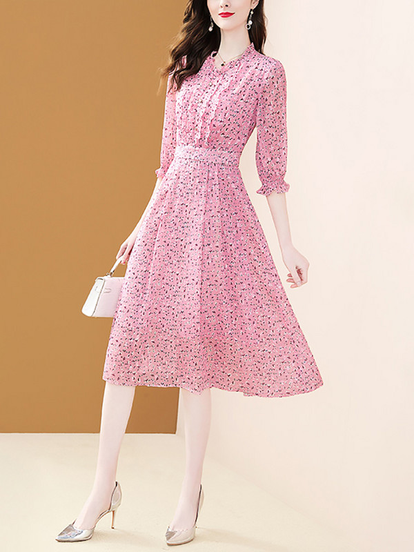 EVNISI Rochii roz din șifon cu flori pentru femei, primăvară și vară 2022, nou temperament, linie A, cu decolteu în V, imprimeu, rochii dulci pentru femei