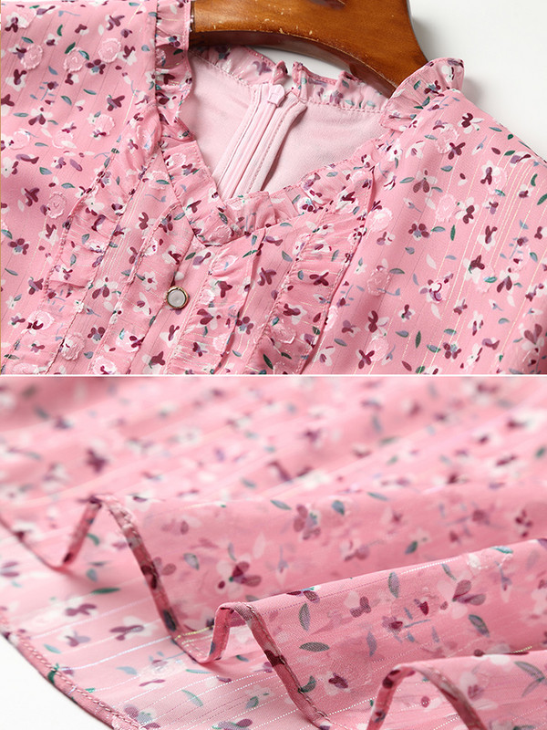 EVNISI Rochii roz din șifon cu flori pentru femei, primăvară și vară 2022, nou temperament, linie A, cu decolteu în V, imprimeu, rochii dulci pentru femei