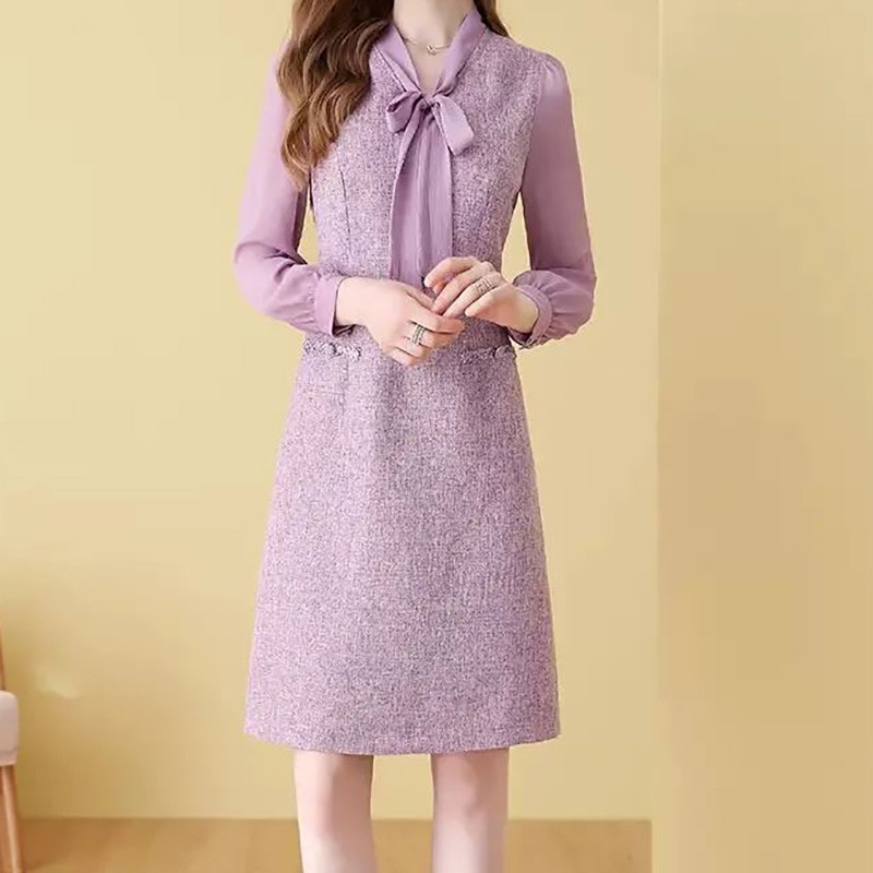 EVNISI Γυναικείο Κομψό Μωβ Φόρεμα Κασκόλ γιακά Casual Φορέματα γραφείου Α σε γραμμή Slim Fairy For Women Party Vestido Άνοιξη 2024