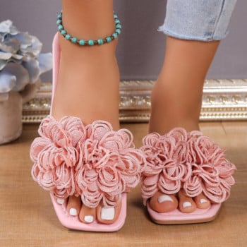 Дамски плоски чехли с цветя Ежедневни обувки за ходене Дамски летни модни сандали за 2024 г. Рокля на открито Розови плитки Zapatillas Mujer
