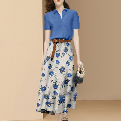 EVNISI Καλοκαιρινή γυναικεία φόρμα δύο τεμαχίων με στάμπα σιφόν μπλούζα κοντομάνικη φούστα σασέ Σετ Γυναικείο Casual 2 τεμάχια σετ Κοστούμι 2022