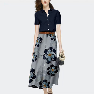 EVNISI Καλοκαιρινή γυναικεία φόρμα δύο τεμαχίων με στάμπα σιφόν μπλούζα κοντομάνικη φούστα σασέ Σετ Γυναικείο Casual 2 τεμάχια σετ Κοστούμι 2022