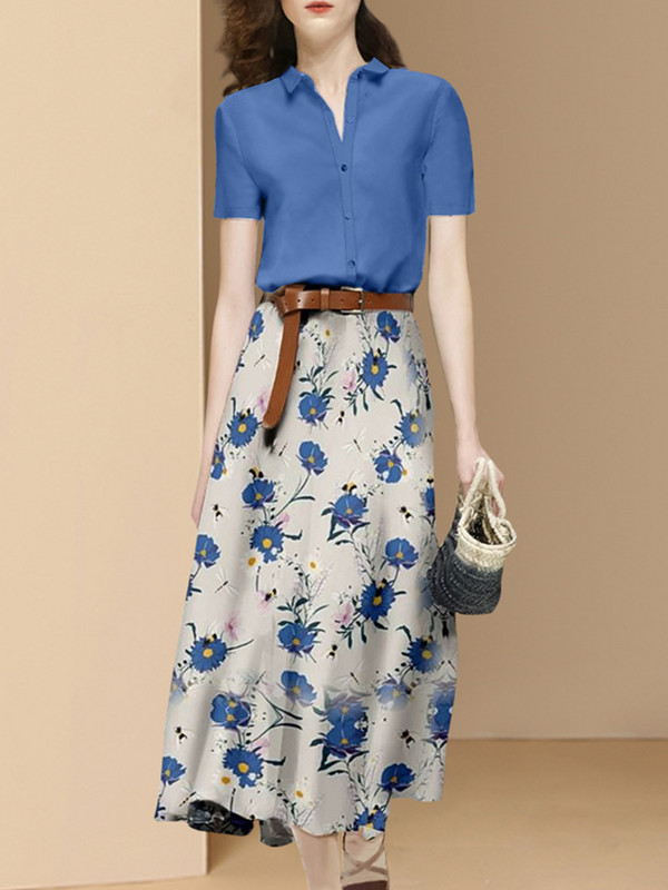 EVNISI Καλοκαιρινή γυναικεία φόρμα δύο τεμαχίων με στάμπα σιφόν μπλούζα κοντομάνικη φούστα σασέ Σετ Γυναικείο Casual 2 τεμάχια σετ Κοστούμι 2022