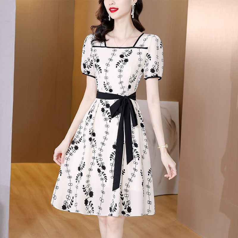 Rochii elegante de vară cu guler pătrat Îmbrăcăminte feminină Moda cu plante cu imprimeu coreean Bandaj cu fundă Navetă Rochie midi cu talie A-Line