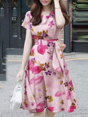 ZANZEA Rochie de soare imprimată elegantă pentru femei Rochii de vacanță de vară Rochie cu mânecă scurtă cu decolteu O Rochie de lucru Cauzală Robe de petrecere pentru femei