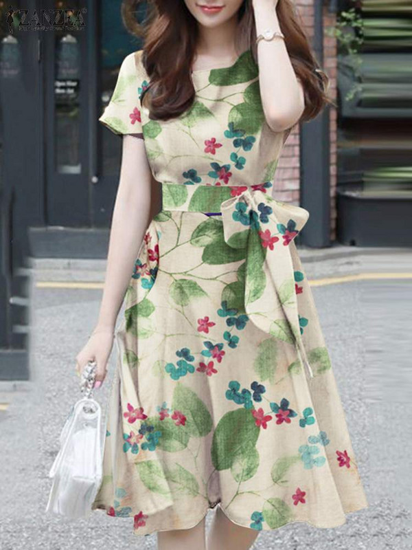 ZANZEA Rochie de soare imprimată elegantă pentru femei Rochii de vacanță de vară Rochie cu mânecă scurtă cu decolteu O Rochie de lucru Cauzală Robe de petrecere pentru femei