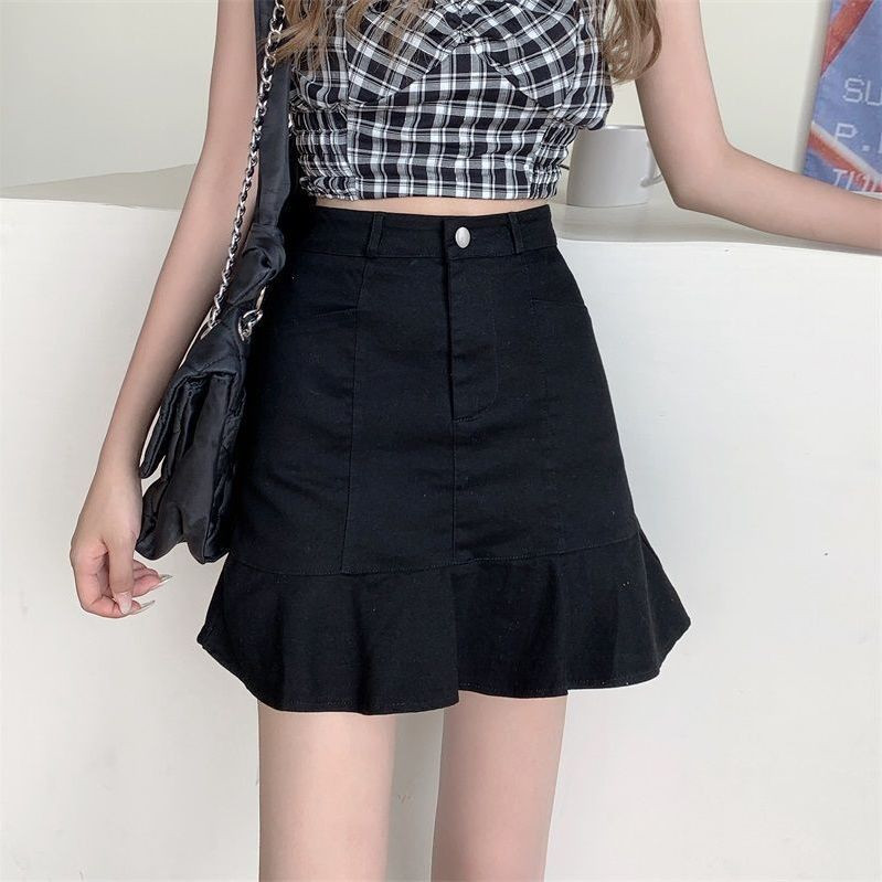 2023 SUVE NAISTE SEELIK Mini-Korea stiilis ühevärviline A-line volangidega serv, kõrge vöökoht, pehme uus disain mood