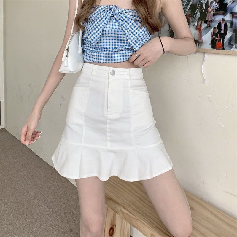 2023 SUVE NAISTE SEELIK Mini-Korea stiilis ühevärviline A-line volangidega serv, kõrge vöökoht, pehme uus disain mood