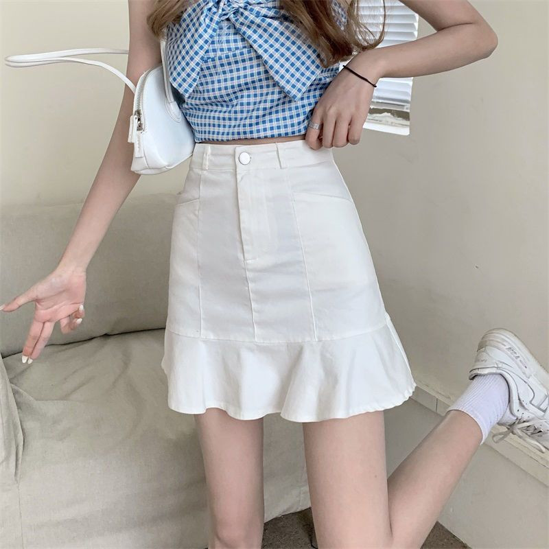 2023 SUVE NAISTE SEELIK Mini-Korea stiilis ühevärviline A-line volangidega serv, kõrge vöökoht, pehme uus disain mood