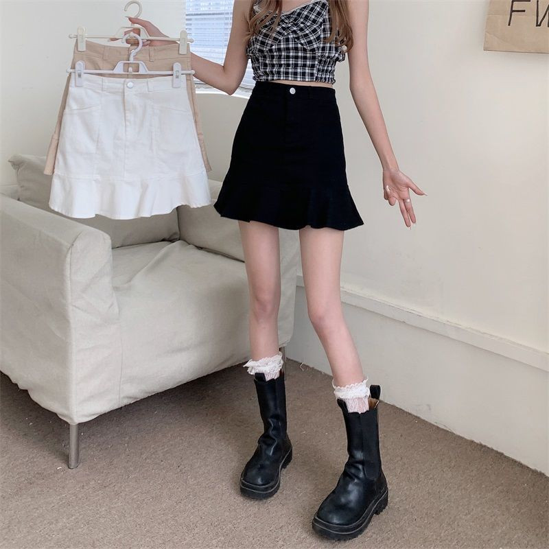 2023 SUVE NAISTE SEELIK Mini-Korea stiilis ühevärviline A-line volangidega serv, kõrge vöökoht, pehme uus disain mood