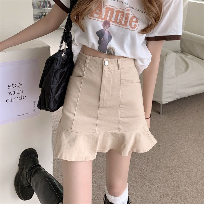 2023 SUVE NAISTE SEELIK Mini-Korea stiilis ühevärviline A-line volangidega serv, kõrge vöökoht, pehme uus disain mood