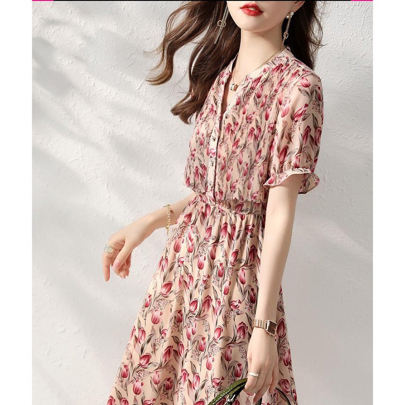Elegantne V-kaelusega nööbiga ühendatud lahtised volangid, voldid Midi-kleit Naiste riided 2023. aasta suvine uus puhvis varrukatega korea lilleline kleit