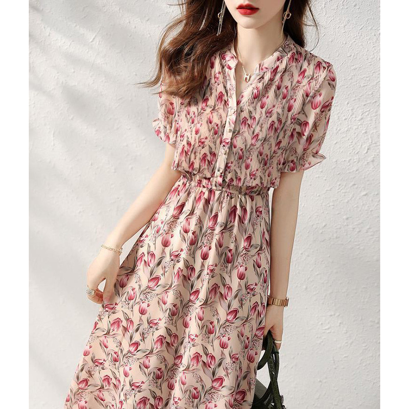 Elegantne V-kaelusega nööbiga ühendatud lahtised volangid, voldid Midi-kleit Naiste riided 2023. aasta suvine uus puhvis varrukatega korea lilleline kleit