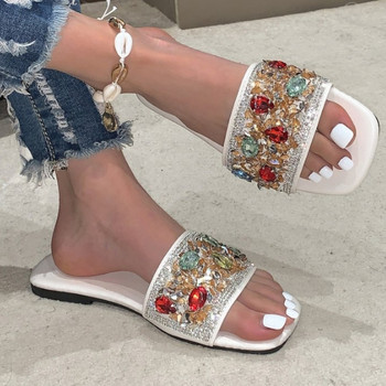 2024 Висококачествени дамски обувки Летни дамски чехли с квадратни пръсти Смесени цветове Brilliant Diamond Чехли с отворен пръст с нисък ток