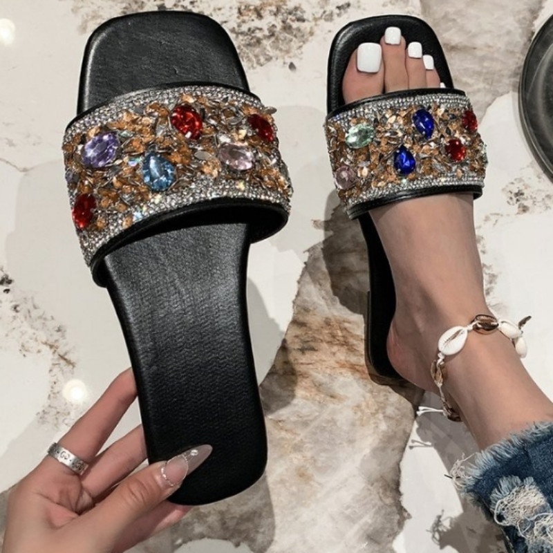 2024 Υψηλής ποιότητας γυναικεία παπούτσια Καλοκαιρινές γυναικείες παντόφλες Τετράγωνες μύτες Μικτά χρώματα Brilliant Diamond Open Toe Παντόφλες με χαμηλό τακούνι