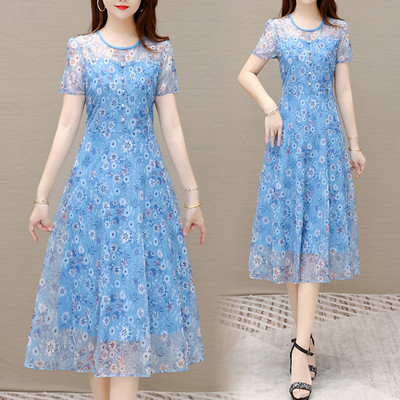 Καλοκαίρι 2023 Δημοφιλή λουλούδια σφενδάμου σε γραμμή Α με στρογγυλή λαιμόκοψη με κουμπιά με φυσαλίδες με κοντομάνικο γάζα μίντι γυναικεία φορέματα